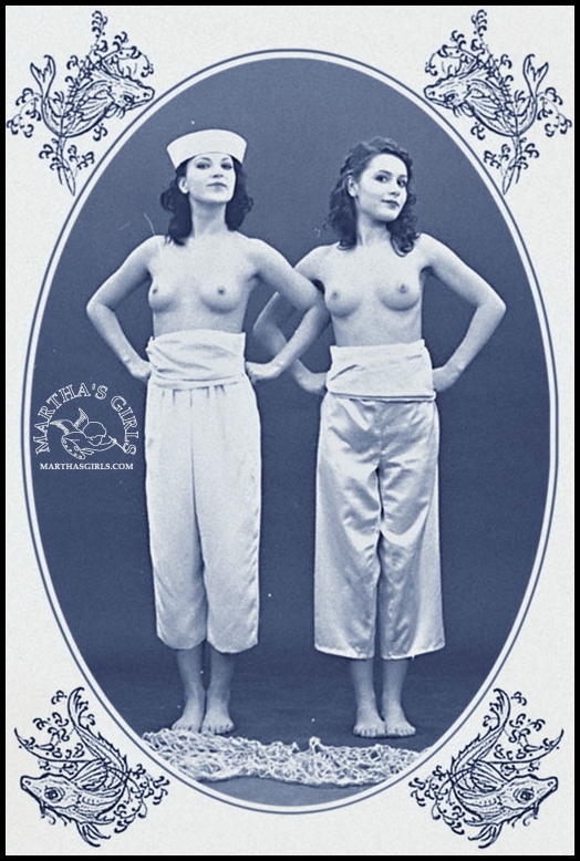 Black & white topless postcard twins in sailor garb.
